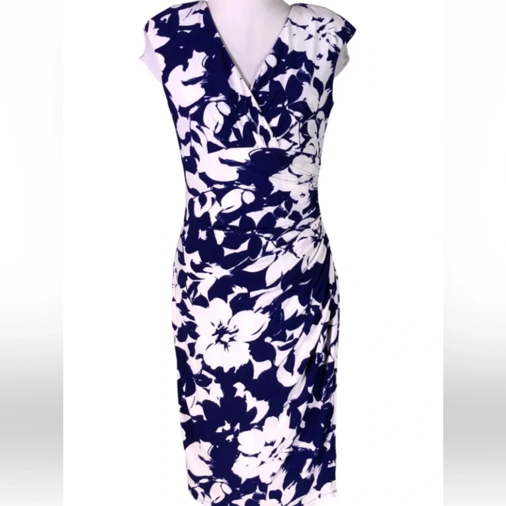 Lauren Ralph Lauren floral Dress blue white ruched waist 8 EUC CHURCH DINNER